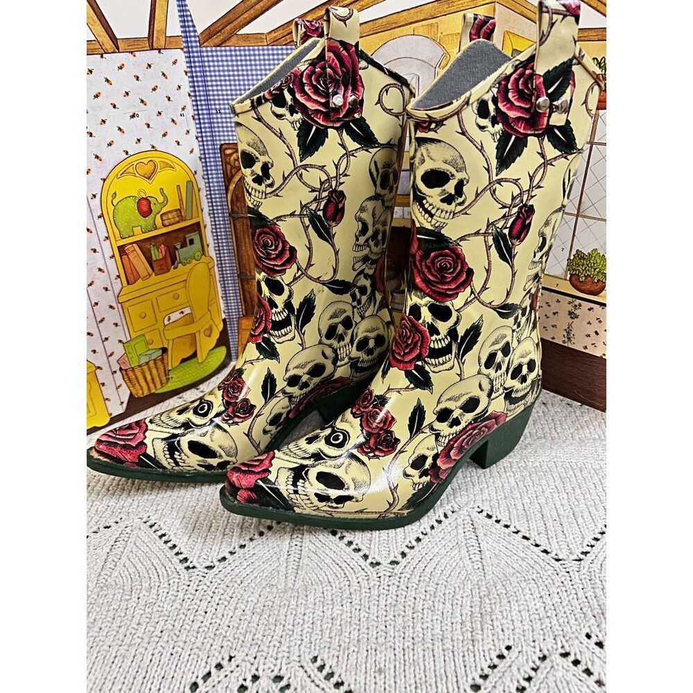 Nomad Yippy Womens 6 Skull and Roses Waterproof Rubber Cowboy Western Rain Boot